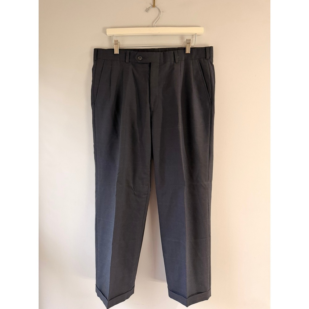 Burberrys Dress Pants Mens Navy Blue Excellent Pleated Windowpane Cuffed Vintage